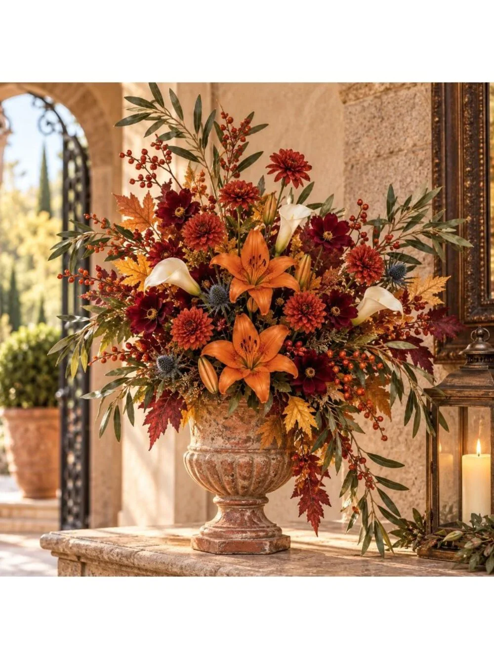 Rust Red Artificial Mum Stems Set of 3 21 Inch Faux Chrysanthemum Flowers Fall T
